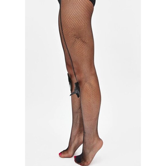 Fishnet Stripe Tights – Black w/ Satin Bow Detail – Gothic Party Hosiery OS - Picture 4 of 5